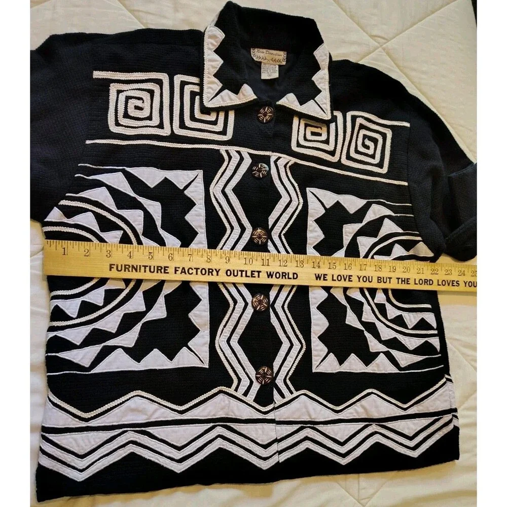 New Direction Vintage Black & White Applique Geometric Waffle Knit Cardigan...